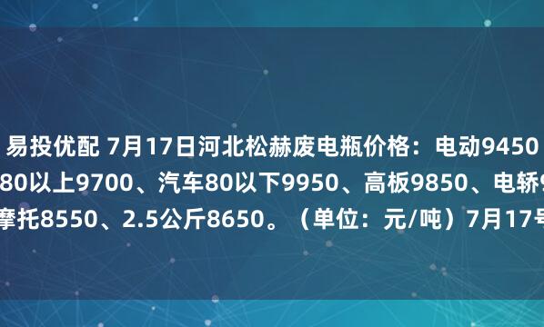 易投优配 7月17日河北松赫废电瓶价格：电动9450、大干9100、汽车80以上9700、汽车80以下9950、高板9850、电轿9550、AGM9400、摩托8550、2.5公斤8650。（单位：元/吨）7月17号—7月22号所有订单到厂按净重每吨加100元）